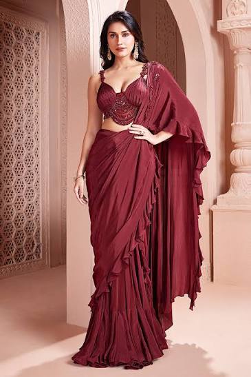 Brick Red Ready To Wear Saree with Strape Sleeves Readymade Blouse