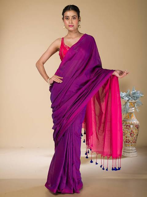Purple plain cotton saree with pink pallu