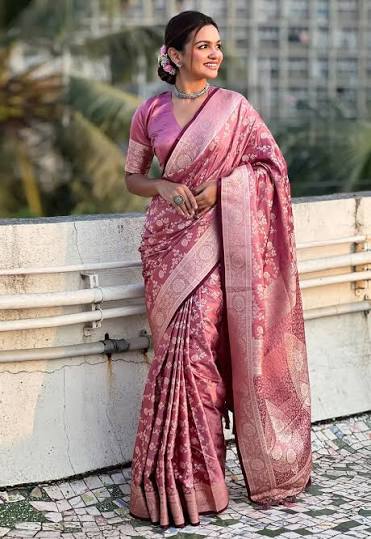 Pink Banarasi Silk Saree with Blouse Piece