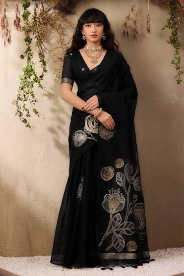 Metal Black Munga Handloom Cotton Saree