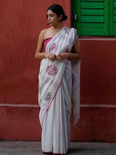 White Striped Hand Block Printed Cotton Saree