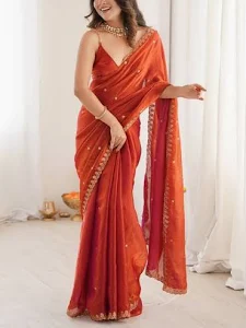 Women’s Paper Silk Copper Embellished Designer Saree With Unstitched Blouse